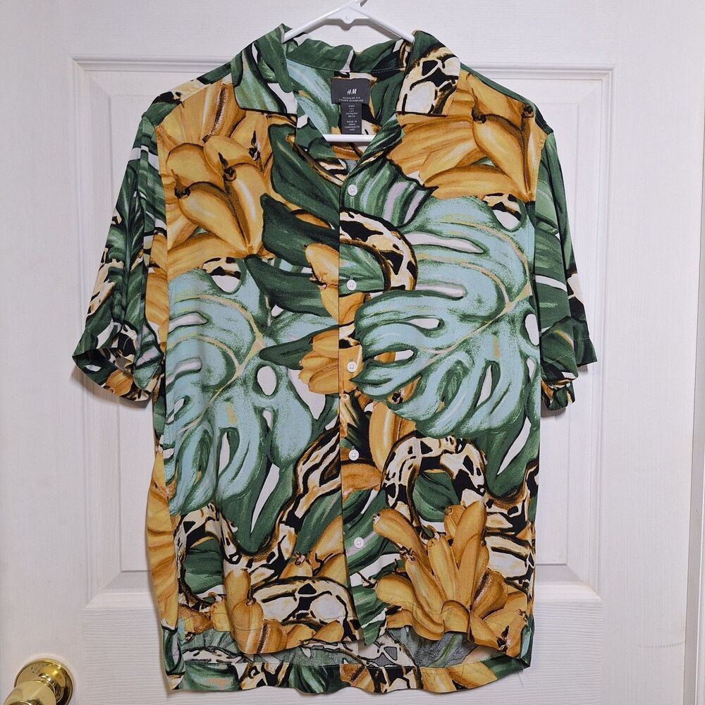 H&M Green Yellow Tropical Printed Short Sleeved Button Up Shirt Resort Size S